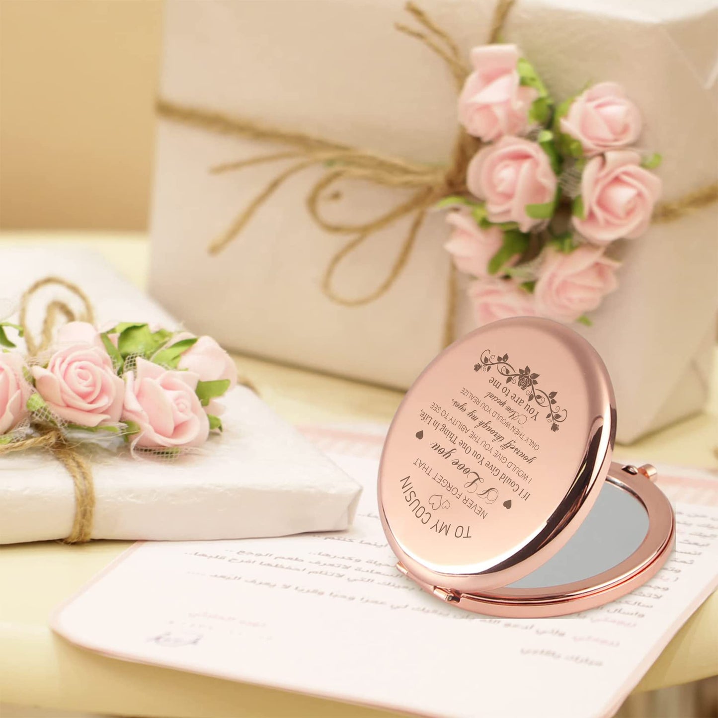 GAOLZIUY Cousin Gifts for Women Cousin Birthday Gifts Rose Gold Compact Mirror Gifts for Cousin Sister Birthday Christmas Graduation Gifts for Best Cousin Pocket Makeup Mirror