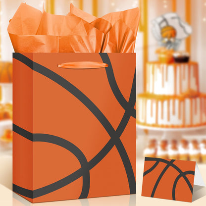 Basketball Party Gift Bag Orange Basketball Gift Wrap Bags with Tissue Paper Greeting Card Decorations for Sport Party Favor Basketball Birthday Goodie Gifts Wrapping Bags for Boys Teens Team Supplies