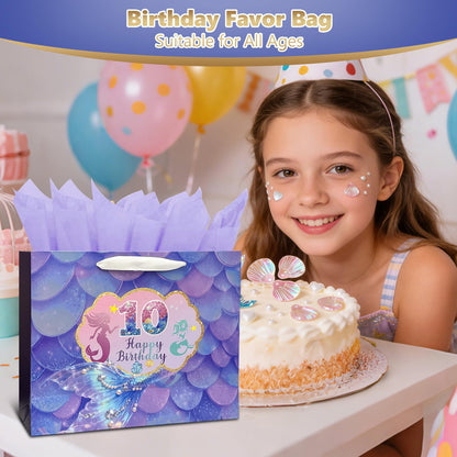 Fieoriia Birthday Gift Bags | Mermaid-themed gift bags with handles; includes cards, tissue paper, face decorations, and stickers. Suitable party supplies for women and girls aged 1-100. 1 pack
