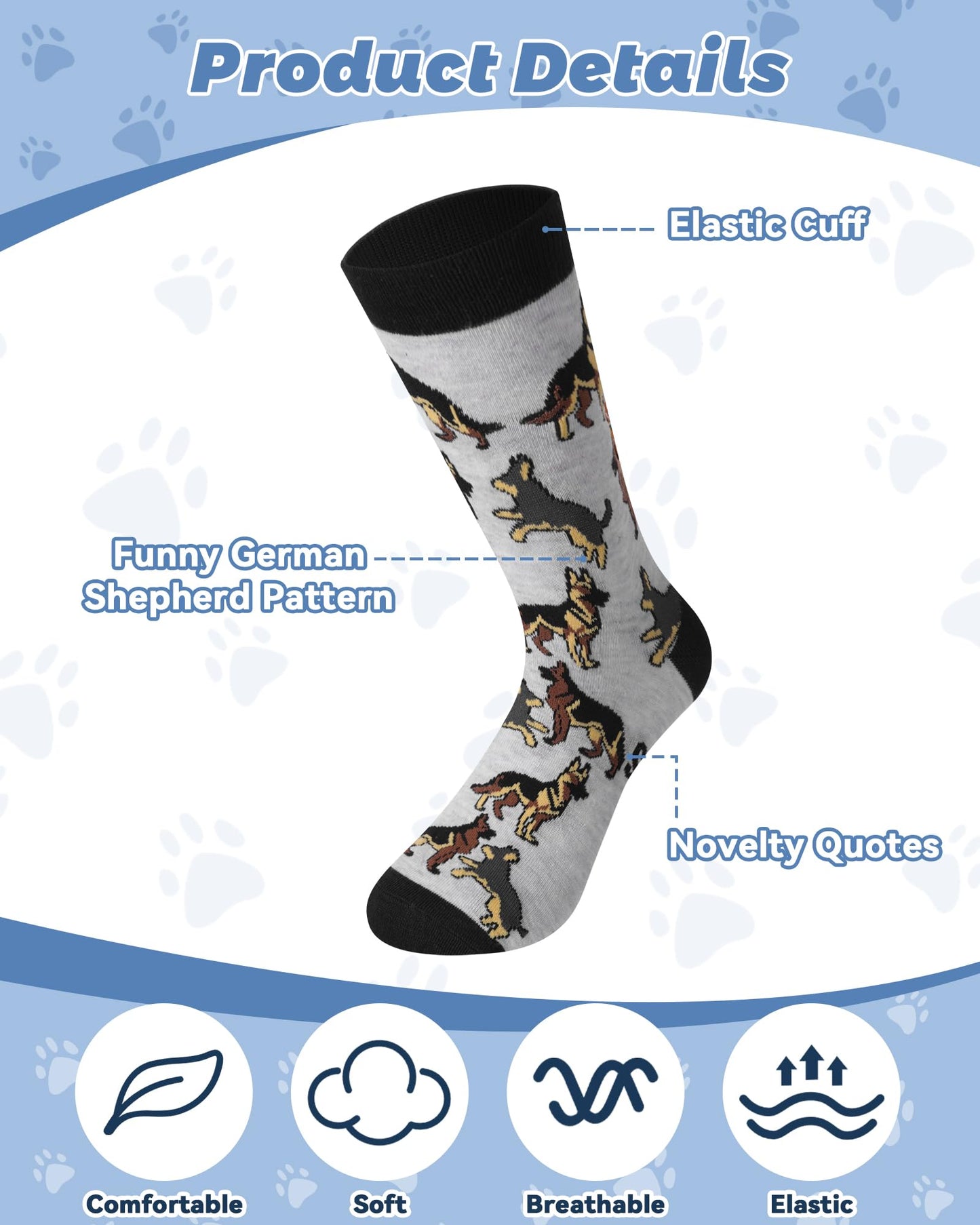 Cuffbow 6 Pairs German Australian Shepherd Socks for Men Funny Cotton Dog Crew Socks Shepherd Dog Lovers Gifts