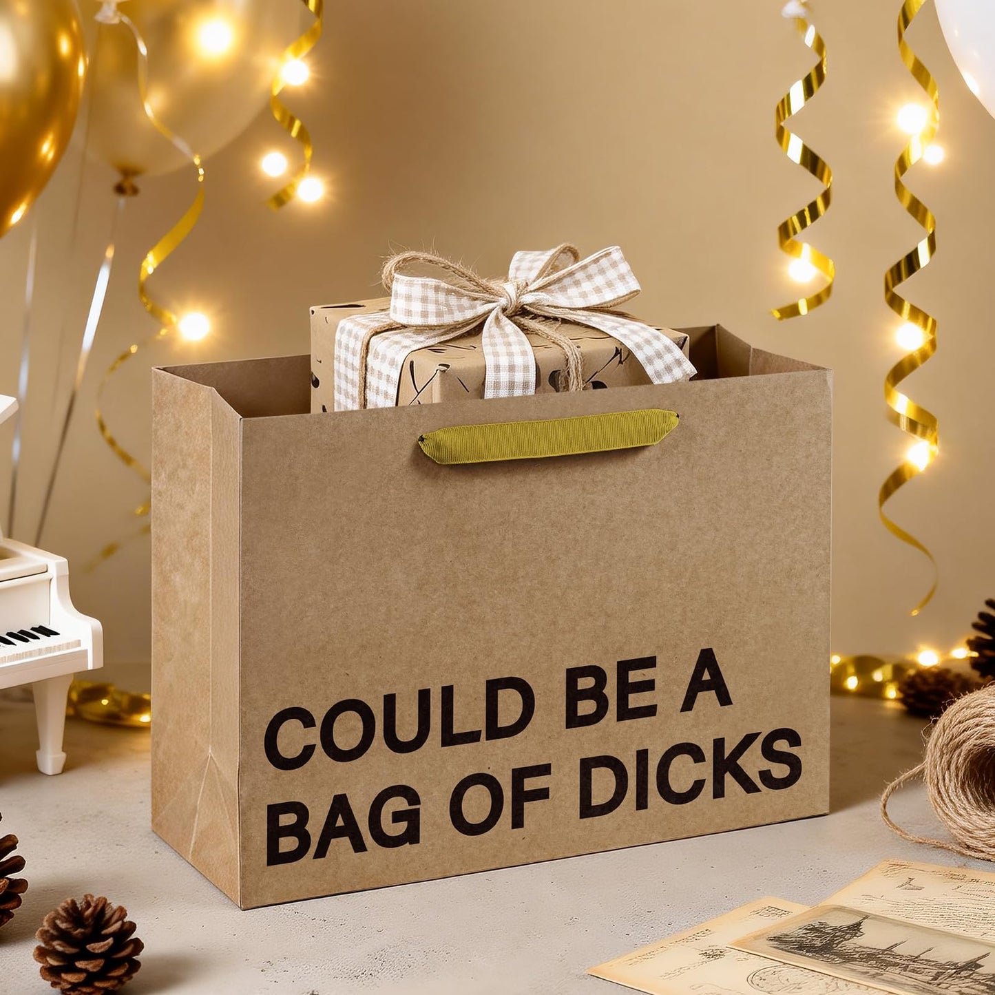 WRAPAHOLIC 13" Large Funny Birthday Kraft Paper Gift Bag - Could Be a Bag of Dicks Design Paper Bags for Friends Birthday and Valentine's Day