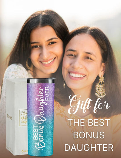 Onebttl Bonus Daughter Gift - 20oz Stainless Steel Travel Mug With Lid and Straw for Birthday, Christmas or Thanksgiving - Best Bonus Daughter Ever