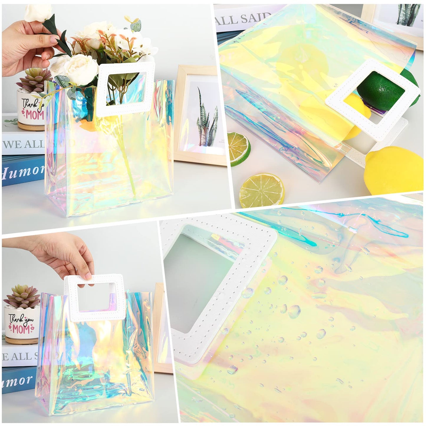 Whaline 10 Pcs Clear Holographic Small Gift Bags 7.9 x 7.9 x 4 Inch Iridescent Reusable Tote PVC Handbags Waterproof Gift Wrap Shopping Bags for Holiday Wedding Birthday Baby Shower Party Supplies