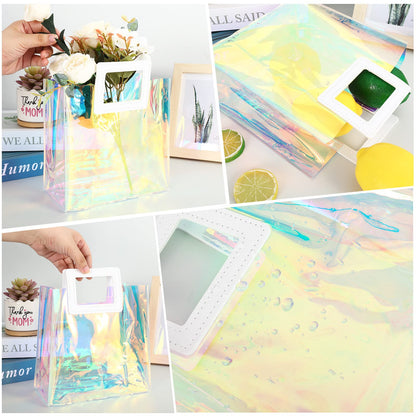 Whaline 10 Pcs Clear Holographic Small Gift Bags 7.9 x 7.9 x 4 Inch Iridescent Reusable Tote PVC Handbags Waterproof Gift Wrap Shopping Bags for Holiday Wedding Birthday Baby Shower Party Supplies