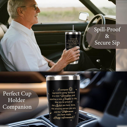 Retirement Gifts for Men 2026, 20 Oz Retired Tumbler Cup with Lid & Straw, Best Retirement Gift Set Stainless Steel Cup with Keychain & Card for Men Him Husband Teachers Boss Doctors Coworkers, Black