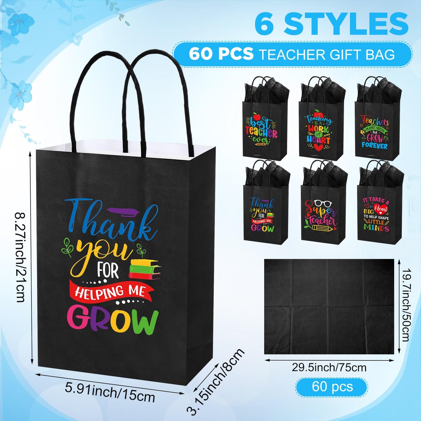 Skyygemm 60 Pack Teacher Appreciation Gift Bags with Tissue Paper Thank You Teacher Paper Gift Bags with Handle for Classroom School End of Year Christmas Party Favors(Black Color)