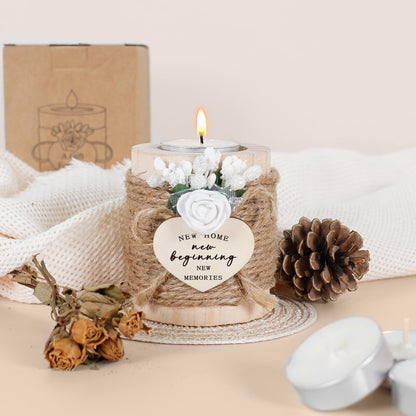 House Warming Gifts - New Home Gifts for New Homeowners, Women, Friends, Family, Wooden Candle Holder Set with 4 Tea Lights & Candle Mats - New Beginning Warming Gift Ideas for Party Decor