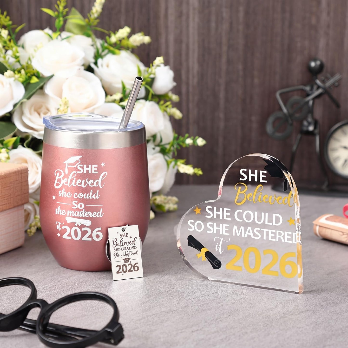 Gerrii 3 Pcs Masters Graduation Gift Set She Believed She Could So Mastered It 2026 Insulated Tumbler 12 oz Acrylic Heart Decor Keychain Graduation Master Degree Christmas Gift for Women(Master)