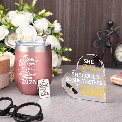 Gerrii 3 Pcs Masters Graduation Gift Set She Believed She Could So Mastered It 2026 Insulated Tumbler 12 oz Acrylic Heart Decor Keychain Graduation Master Degree Christmas Gift for Women(Master)