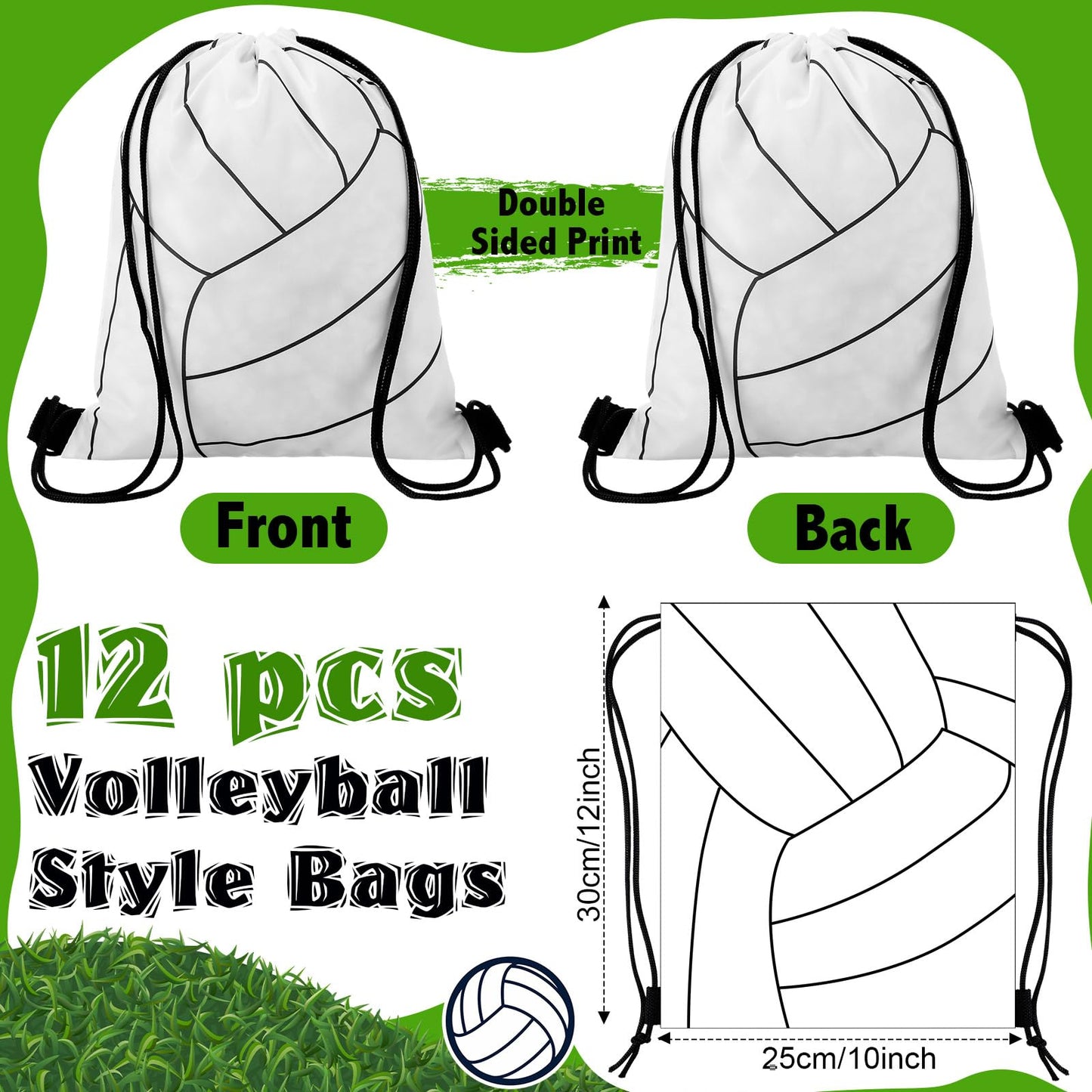 Dansydaisy 12 Pcs 12 In Volleyball Drawstring Backpack Bag Goodie Snack Gift Bags Sports Party Favors String Backpack Bulk(White)
