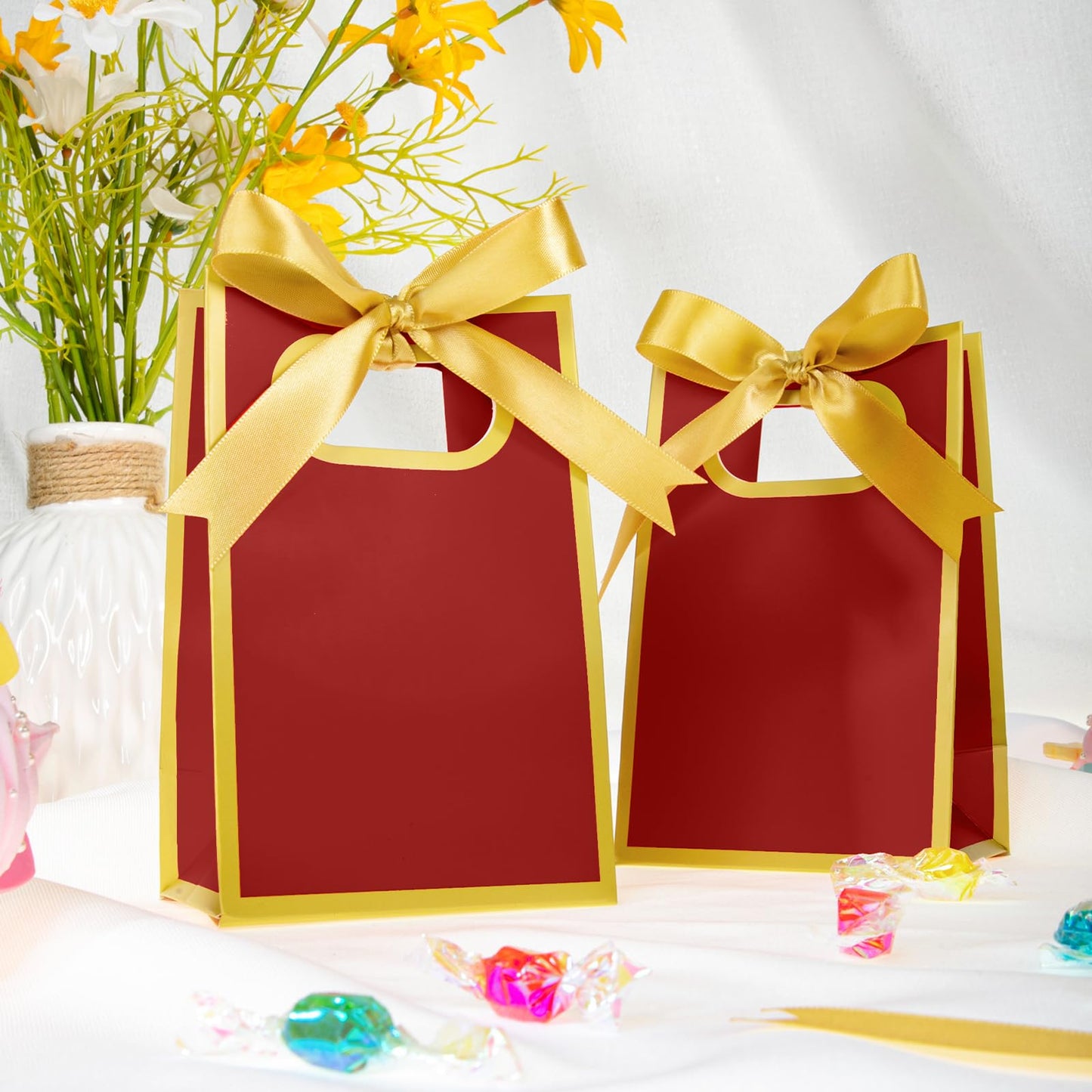 Kolldenn 24 Pcs Small Gift Bags with Bow 6.3 x 3.9 x 2.8 Inch Thank You Gift Bags Elegant Mini Paper Bag with Handles for Wedding Bridal Birthday Baby Shower Bridesmaid Party Favors(Burgundy Gold)