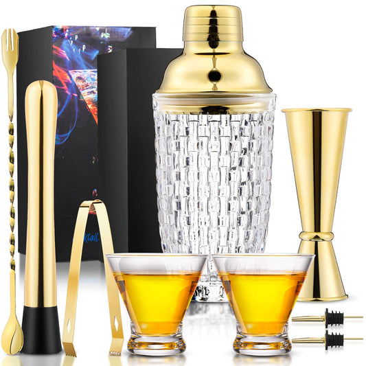 Pickmesh 9 Pcs Cocktail Shaker Set 13 oz Glass Cocktail Shaker with Built-in Strainer, 2 Martini Glasses, Shakers Bartending Drink Mixer Set Drink Mixer Gifts for Dad, Boyfriend, Husband (Gold)