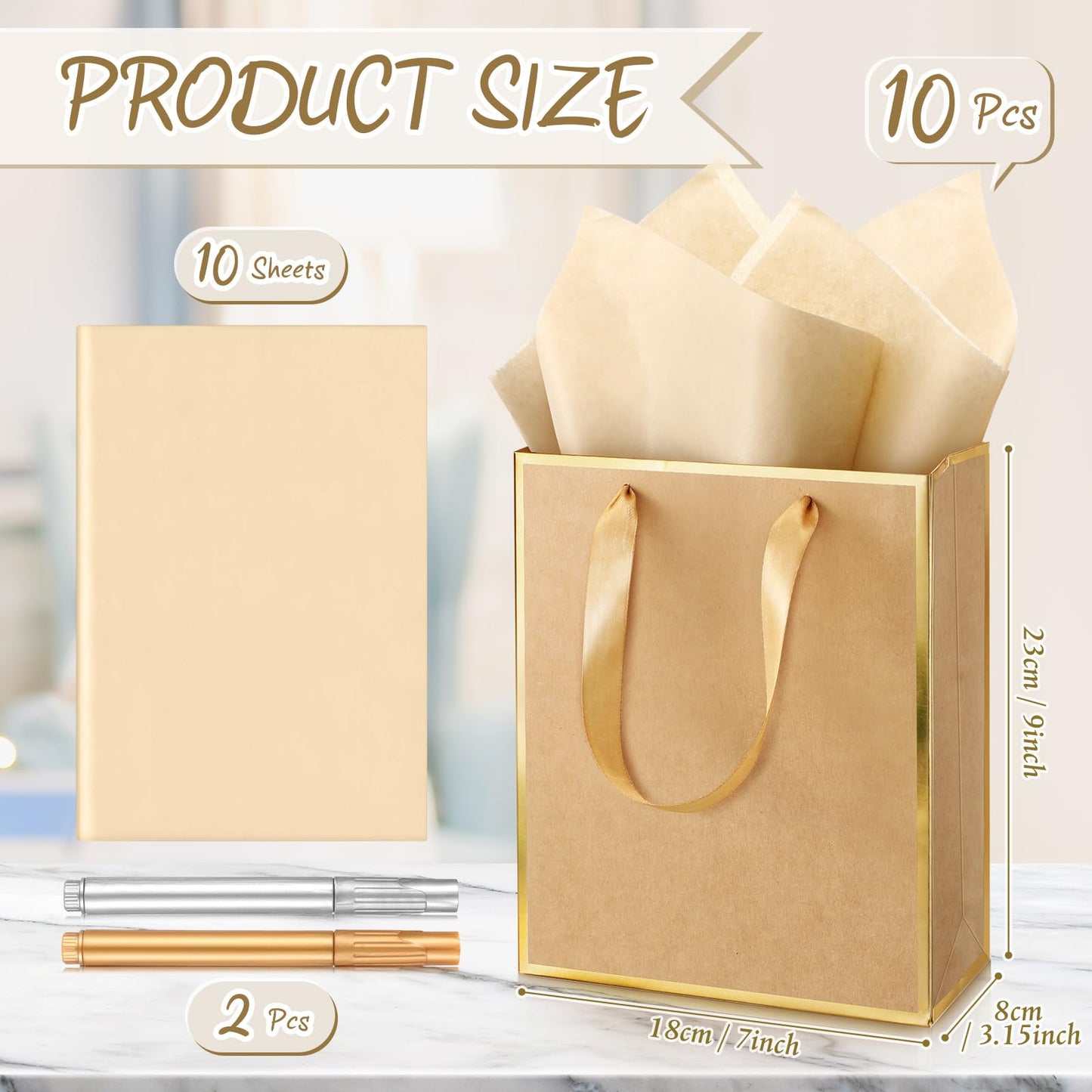 Yeaqee 10 Pack Metallic Paper Gift Bags with Handle Tissue Paper Thank You 5 Senses Gift Bag for Birthday Wedding Baby Shower Groomsmen Bridal Graduation Party Favor 9 x 7 x 3.15''(Kraft,Gold)