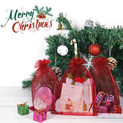 HRX Package 100pcs Organza Bags Burgundy Red, 5x7 inch Mesh Drawstring Gift Bags Jewelry Pouches for Christmas Candy Party Favor