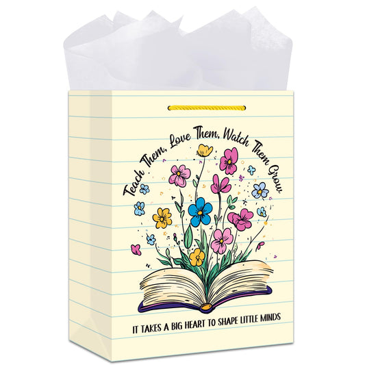 GMEMNOV Teacher Appreciation Gift Bag - 13" Large Teacher Gift Bag with Tissue Paper Thank You Teachers Paper Bags End of Year Teachers Retirement Gifts for Teachers Women Men