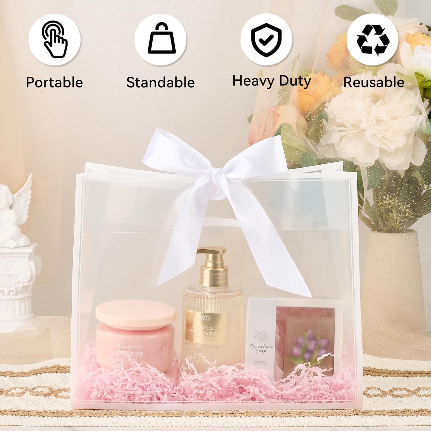 Ohuimrt 12 Pack Clear Plastic Gift Bags with Handles, Reusable Party Favor Bags with Ribbon for Wedding, Bachelorette Party, 12 x 10 x 5 Inch (White)