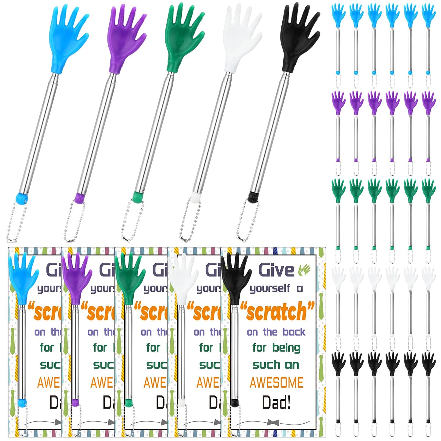 FoldTier 30 Pcs Extendable Back Scratcher Bulk Father's Day Dad Gift Hand Shaped Retractable Back Scratcher with Gift Cards Bags Telescoping Massage Tool for Adults Men Church Birthday