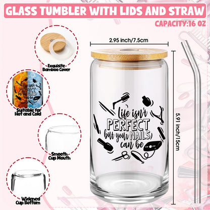 Shinylin 3 Pcs Nail Tech Gifts Set for Women 1 Glass Tumbler with Lids and Straw 1 Travel Makeup Bag 1 Novelty Keychain Manicurist Gifts for Birthday Graduation