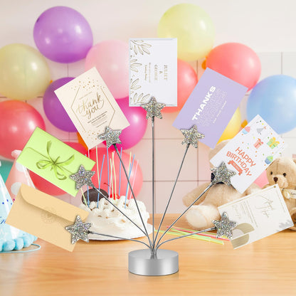 7-Branch Family Desktop Photo Tree Holder Clip Round Base, Card Picture and Memo Desk Frame Display Stand for Wedding Party Christmas Photo Clip Holder Table Numbers (Stars)