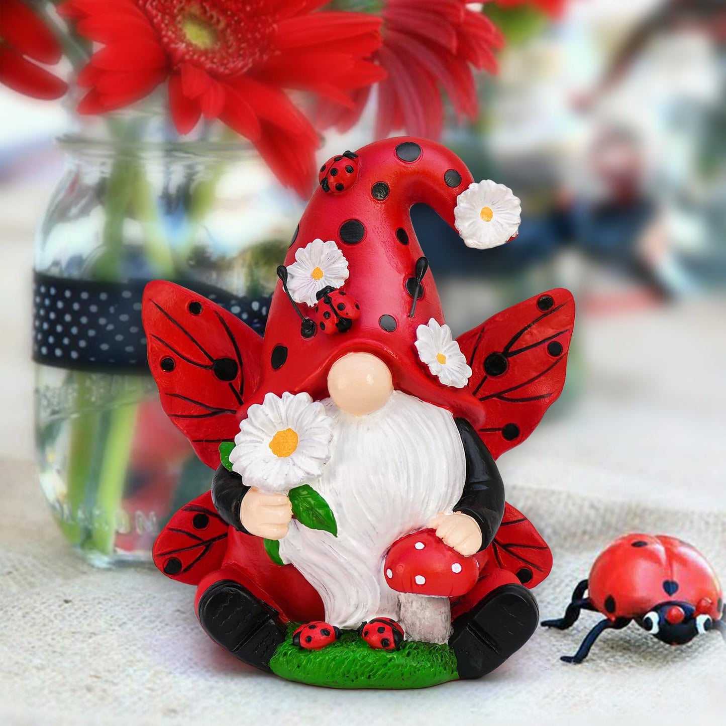Ladybug Gnome Garden Decor, Fairy Gnome Figurine with Flowers, Spring Summer Outdoor Garden Decorations for Yard Lawn Patio, Garden Gifts for Women