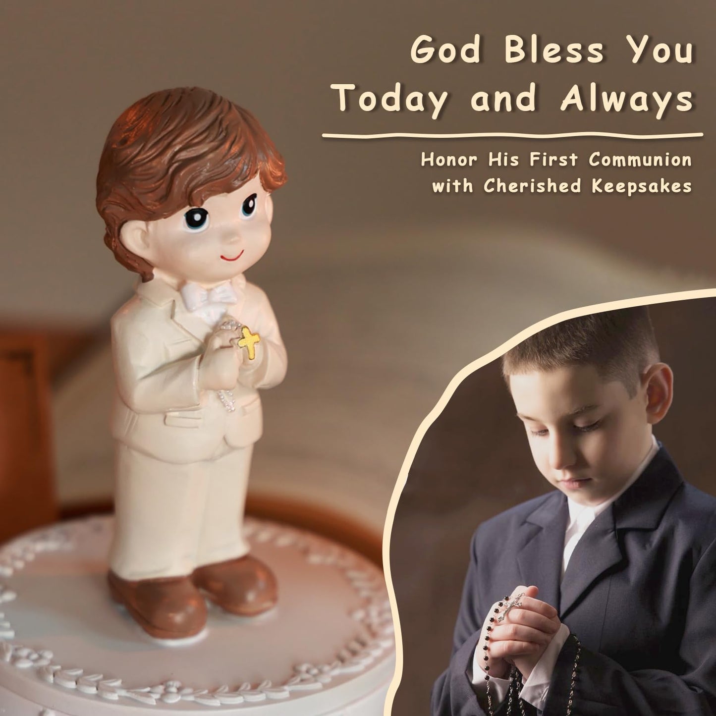 First Communion Gifts for Boys- First Holy Boy Figurine with Keepsake Box & Compass for Kids & Cross Bracelet Included, 1st Communion Gifts for Boys