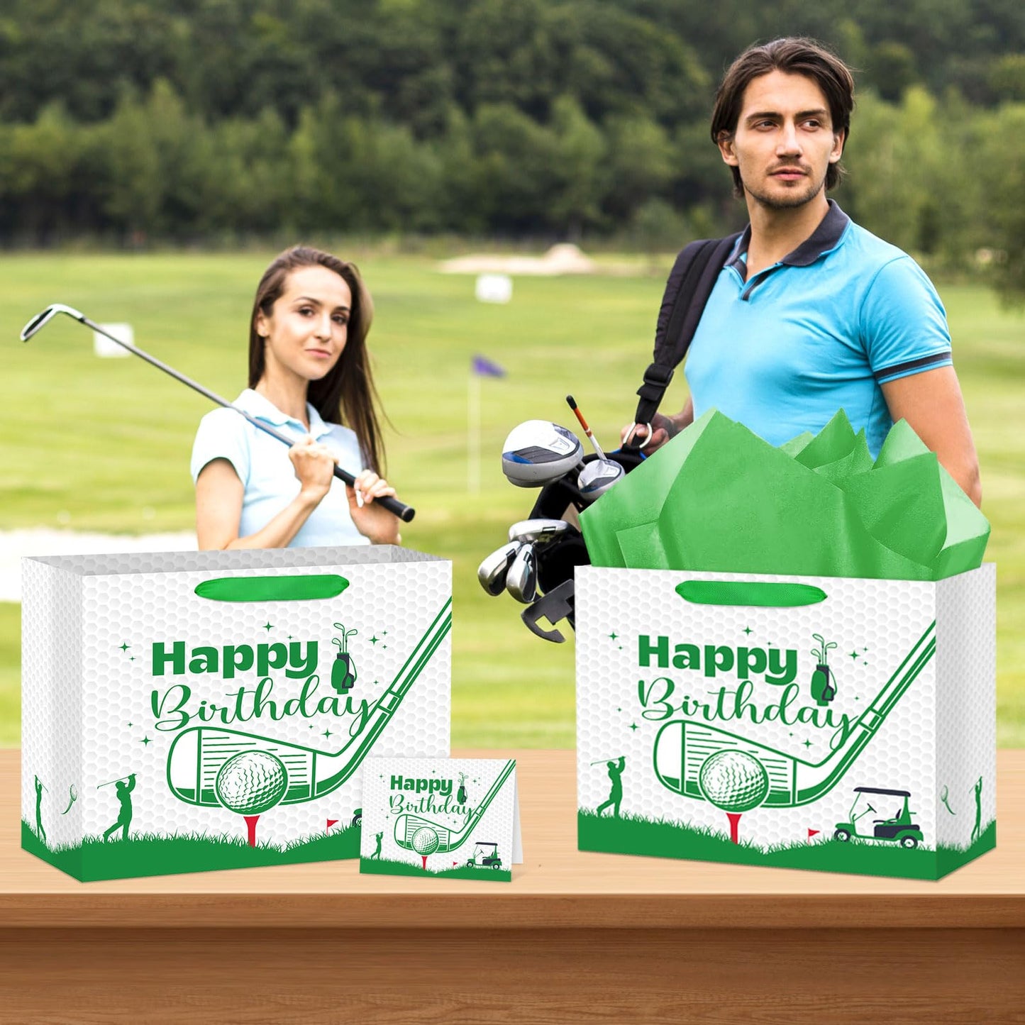 Hooqict Golf Gift Bag Happy Birthday Party Gift Bag with Handles, Wrapping Paper, Greeting Card for Boys Kids Men Golf Themed Birthday Decorations Sports Party Supplies