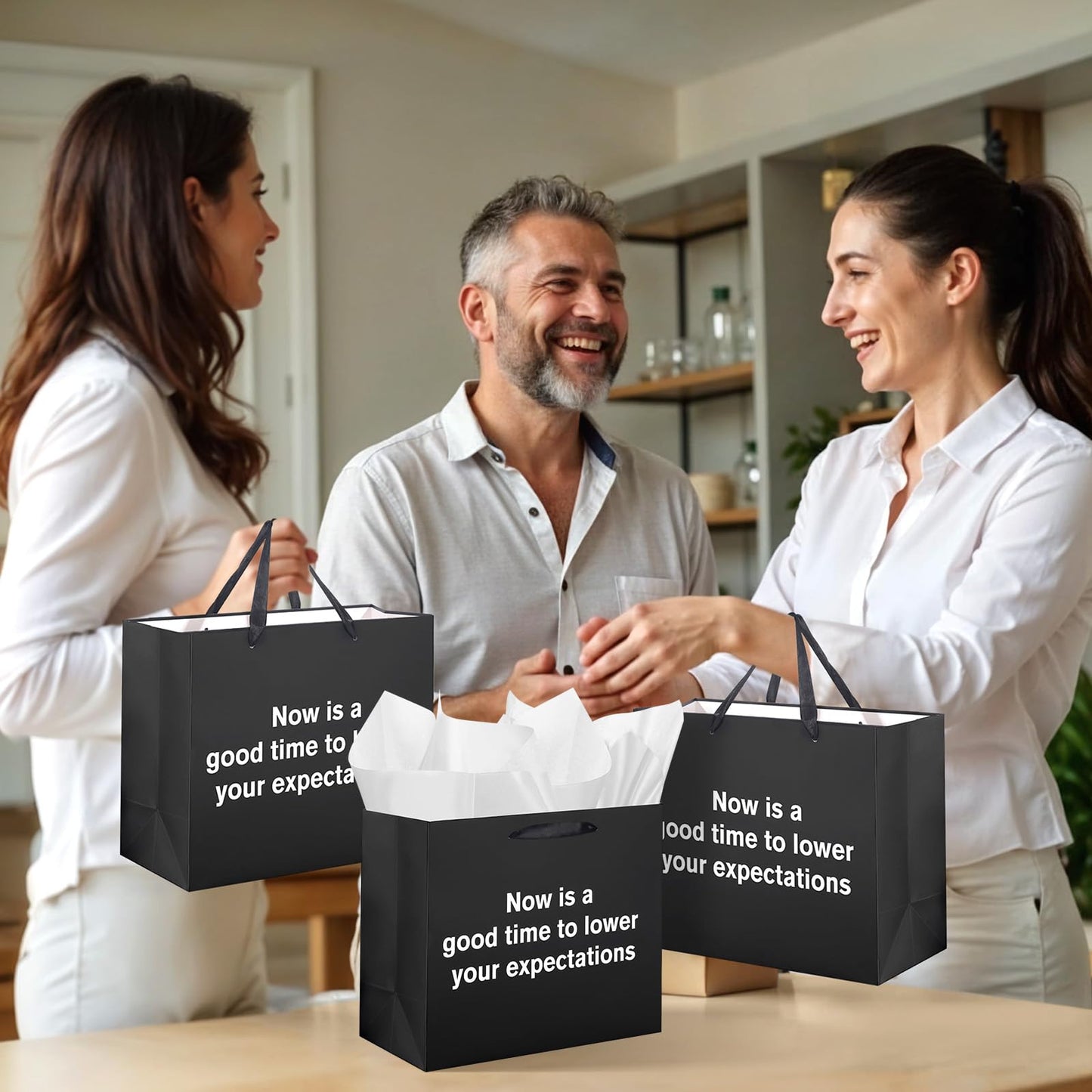 Funny Gift Bag To Lower Your Expectations Black Gag Gift Bags with Tissue Paper and Greeting Card Inappropriate Snarky Funny Birthday Gift Wrapping Paper for Office Coworker Best Friend Men Women