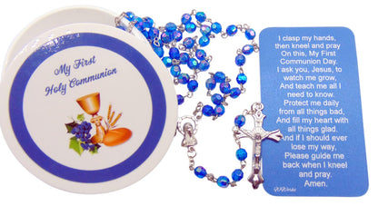 Westmon Works First Communion Rosary Set Blue Glass Beads in a Protective Case with Matching Holy Prayer Card