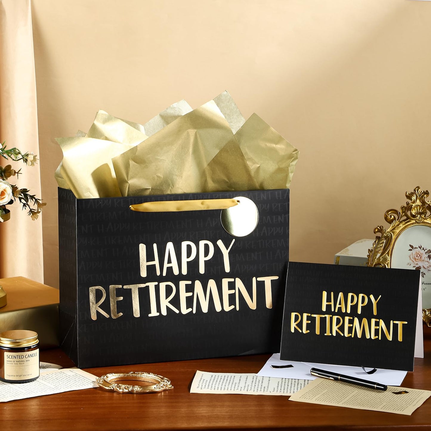 WRAPAHOLIC 13" Large Retirement Gift Bag with Card and Tissue Paper - Black Gold Happy Retirement Lettering