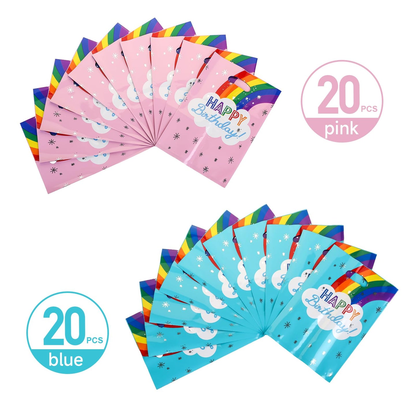 SnortleSnap 40Pcs Rainbow Birthday Party Favor Bags, Rainbow Party Theme Gift Bags， 6.7 x 9.8 Inch Plastic with Handle