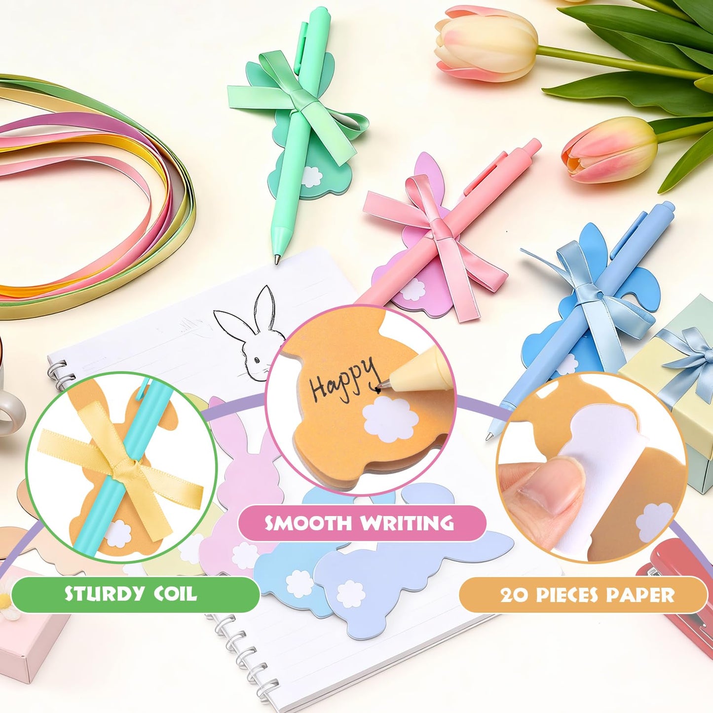 Tinlade 108 Pcs Easter Bunny Sticky Notes with Pens Ribbons Bulk Pastel Easter Gifts Rabbit Notepad Mini Memo Pads for Coworker Teacher Office Spring Party Favors Basket Stuffer Goodie Bags Fillers