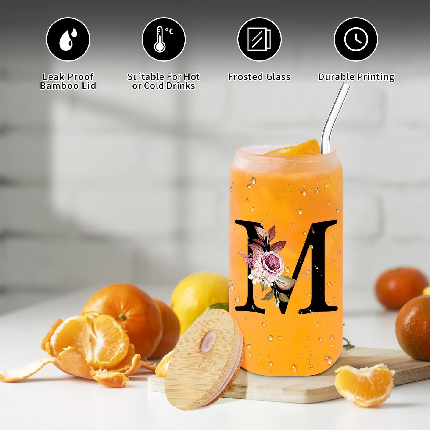 Monogrammed Glass Drinking Cup With Lid Straw Women Wife Ideal from Husband Happy Birthday Wedding Romantic Best Cool Personalized Unique Special Cute Custom Valentines Christmas Xmas Present Gifts,M