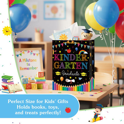 WhatSign Kindergarten Graduation Gift Bags - Graduation Bags for Kids 11.5" Medium Preschool Pre K Gift Bag with Tissue Paper and Handle Party Favor Bag for Boys Girls