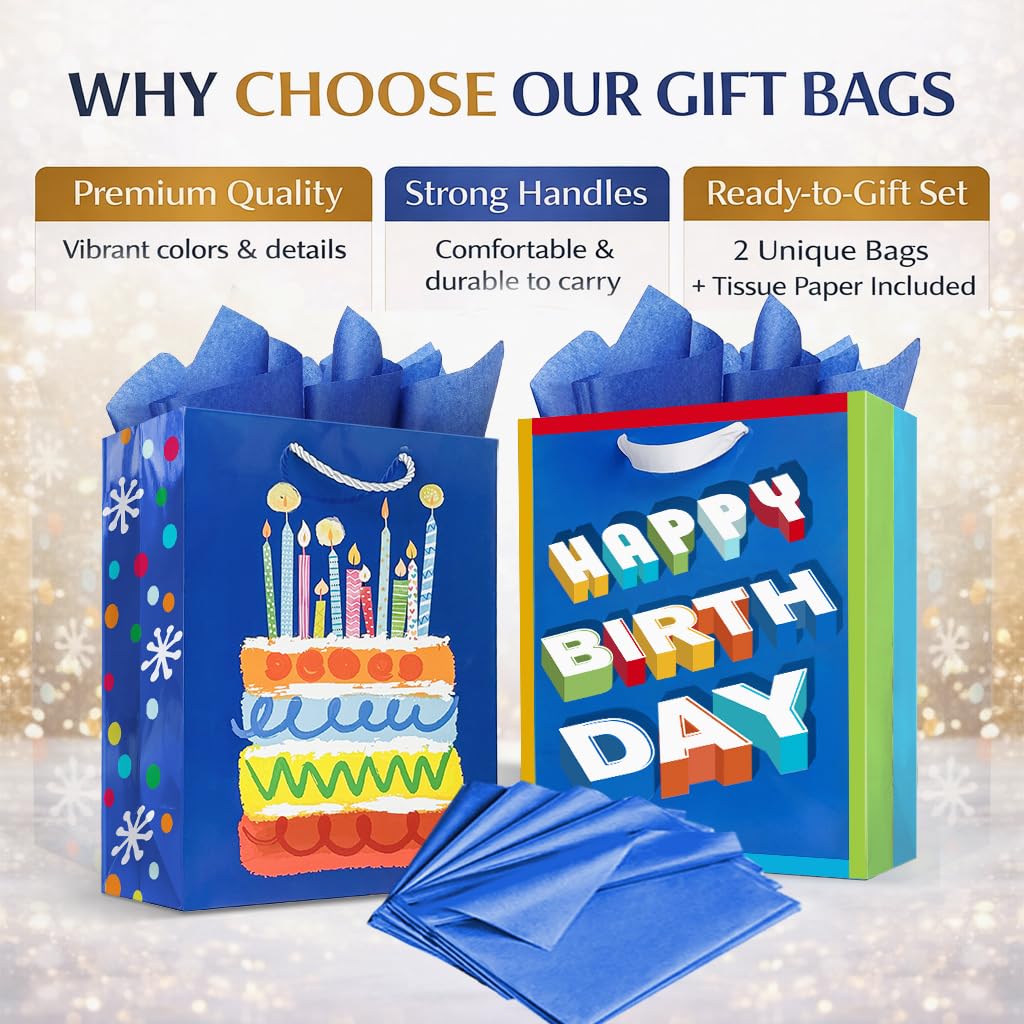 Party Funny Kids Blue Birthday Gift Bags with Tissue Paper, 2 Pack 13" Medium Paper Gift Bag Set with Handles, Colorful Cake and Happy Birthday Present Bags for Boys