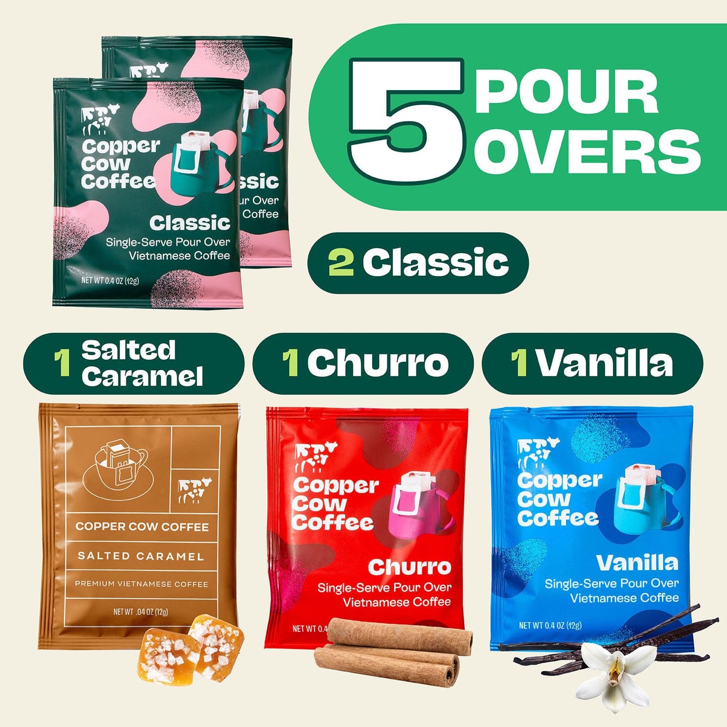 Copper Cow Coffee Vietnamese Pour Over Variety Pack, 5 Pack | 0.4 oz Each | Classic Black, Churro, Vanilla & Salted Caramel | Dark Roast Robusta | No Artificial Flavors | As Seen on Shark Tank