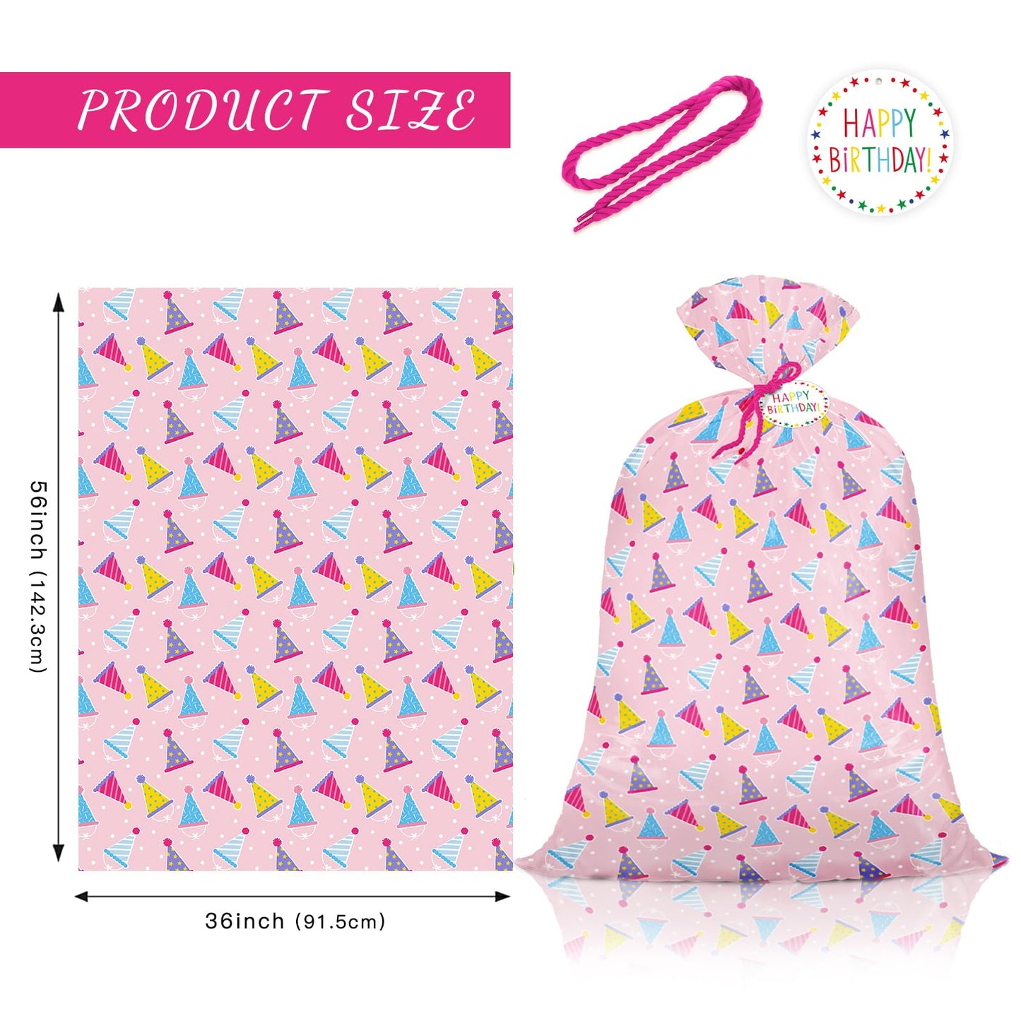 WRAPAHOLIC 56" Extra Large Birthday Plastic Gift Bag - Pink Party Hat Jumbo Bike Bag Gift Wrap for Women Girls Birthday, Baby Shower, Wedding, Bridal Shower - 56" H x 36" W