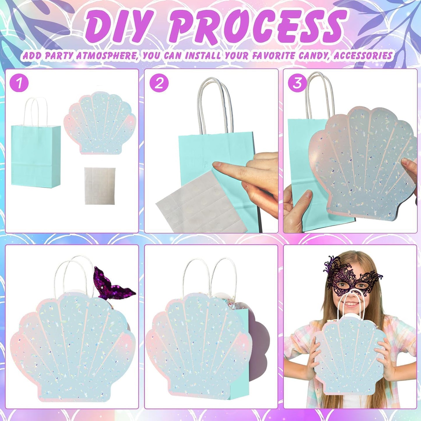 12 Pcs DIY Mermaid Them Party Favor Bags with Holographic Sea Shell Shaped Paper Cards for Under the Sea Ocean Mermaid Theme Birthday Party Supplies