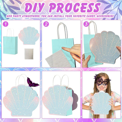 12 Pcs DIY Mermaid Them Party Favor Bags with Holographic Sea Shell Shaped Paper Cards for Under the Sea Ocean Mermaid Theme Birthday Party Supplies