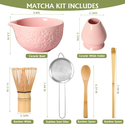 Matcha Whisk Tea Set Kit: Japanese Matcha Kit - Ceramic Bowl Bamboo Whisk Chasen Holder spoon Measuring Scoop Sifter - Traditional Practical for Tea Ceremony Breakfast Lattes - Home Kitchen Christmas