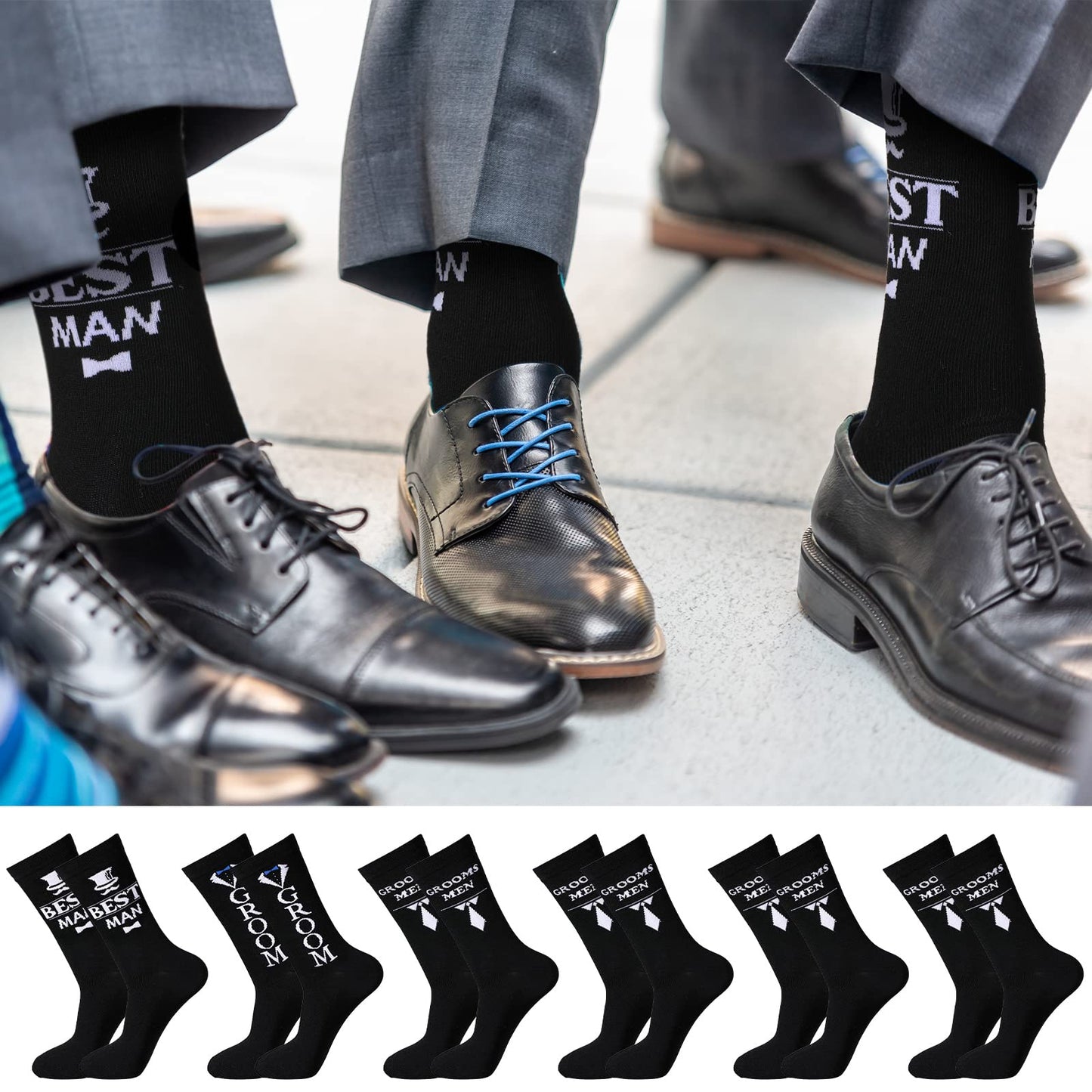 Sintege 6 Pairs Groomsmen Gifts for Men Him Wedding Novelty Socks Funny Proposal Gifts Crew Socks for Bestman Groomsmen Groom