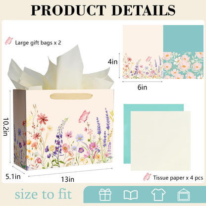 Miakutho 13" Large Gift Bag with Tissue Paper and Card (Floral Design, Gold Foil Accents), 2 Pack Paper Bags with Ribbon Handle for Girls & Women, Birthdays, Baby Shower, Weddings
