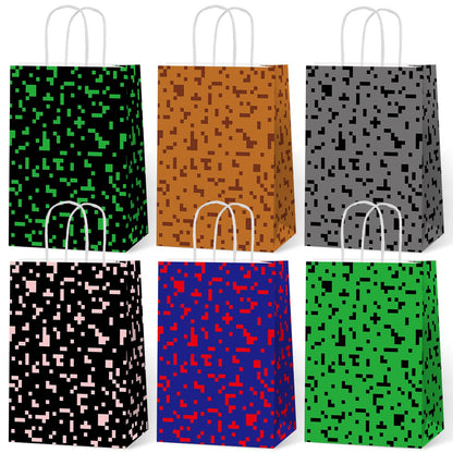 12 PCS Pixel Party Favors Bags Video Game Themed Paper Treat Bags with Handles Pixelated Goodie Gift Bag for Boys Girls Video Game Happy Birthday Baby Shower Party Decoration Supplies