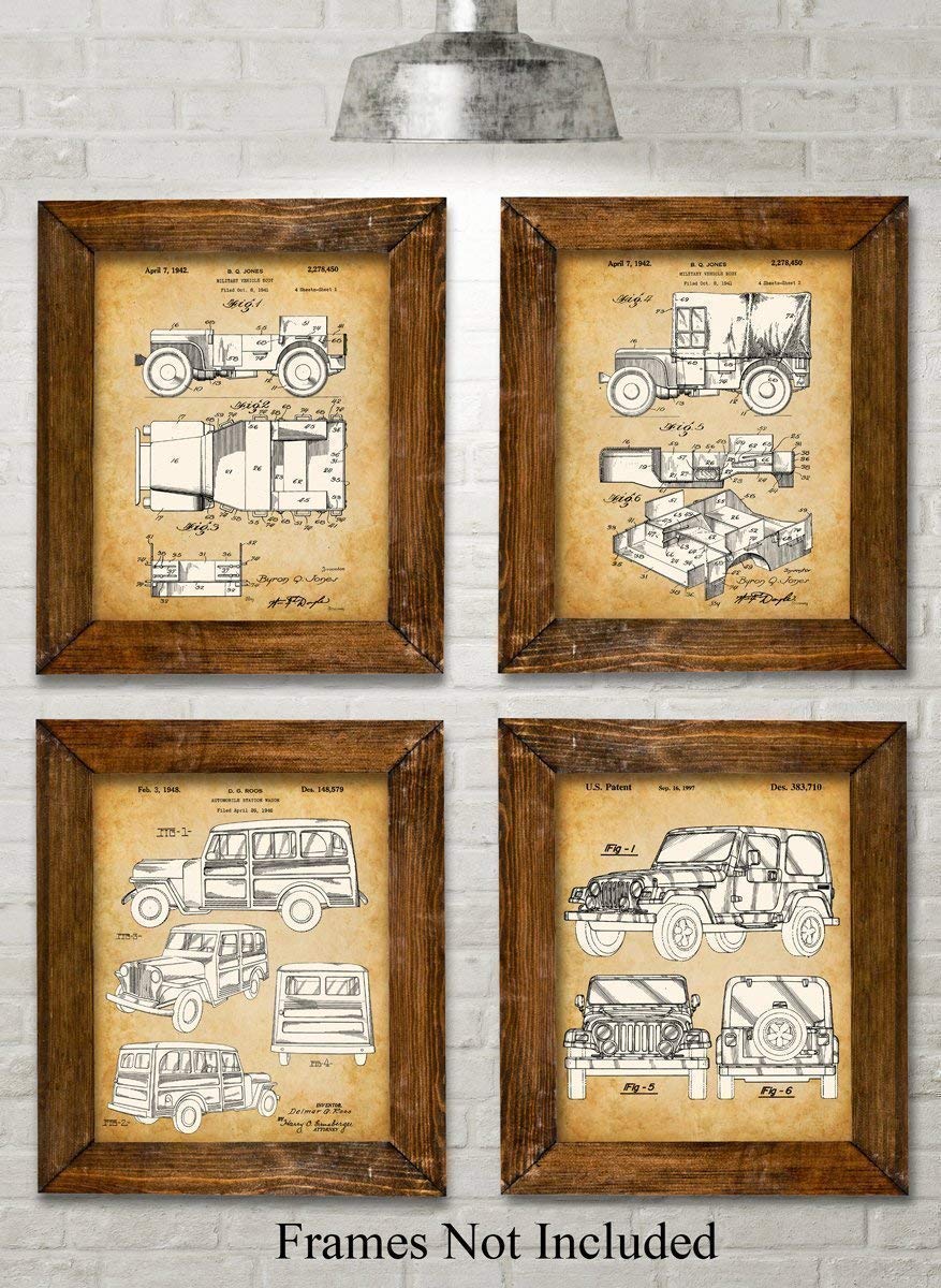 Original Jeep Patent Art Prints - Jeep Gifts for Men Set of Four Photos (8x10) Unframed - Great Man Cave Decor and Gift Under $20 for Jeep Enthusiasts