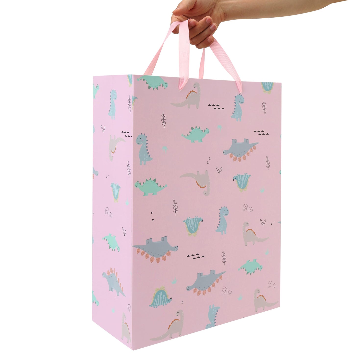 16.5” Extra Large Dinosaur Gift Bag Set with Handles, Greeting Card, Pink Tissue Papers and Stickers for Girls Kids Teens for Birthday Baby Shower Baby Girl Newborn New Moms, Dinosaur-themed Design, 1 Pcs
