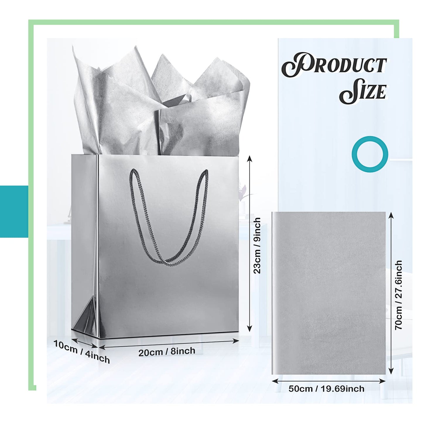 TaoBary 12 Pack Silver Gift Bags with Tissue Paper, 9''x8''x4'' Metallic Paper Bags with Handles, Medium Size for Wedding, Birthday, Baby Shower Party Favors