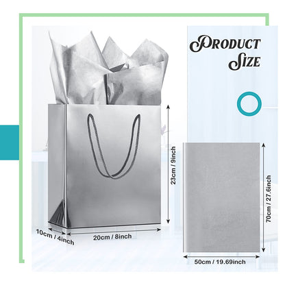 TaoBary 12 Pack Silver Gift Bags with Tissue Paper, 9''x8''x4'' Metallic Paper Bags with Handles, Medium Size for Wedding, Birthday, Baby Shower Party Favors