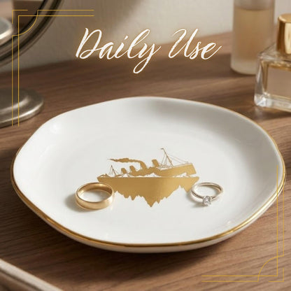 InnoBeta Titanic Gifts - 4.75" Handcrafted Ceramic Ring Dish with Gold Trim, Decorative Trinket Dish for Rings Earrings Necklaces