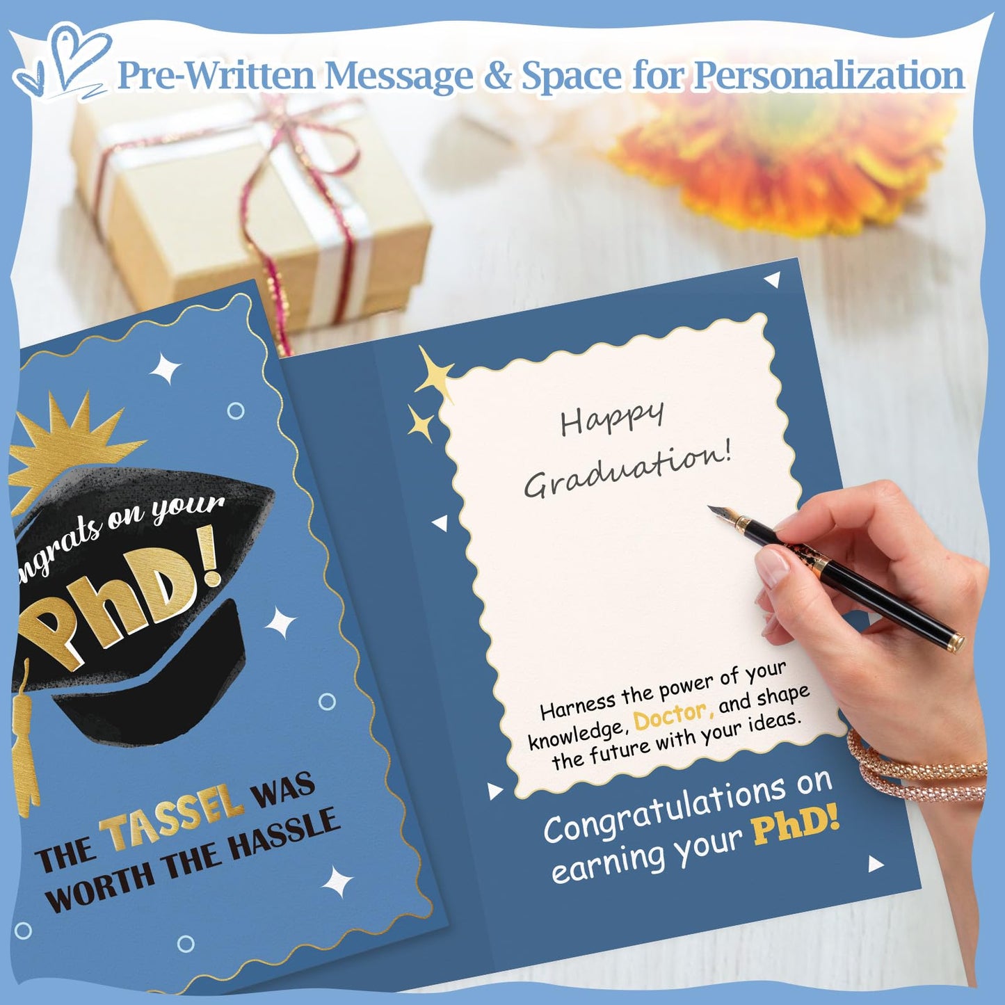 FLYAB Phd Graduation Gift - 5.5"x8" Phd Graduation Card with Envelope Gold Foil Design The Tassel Was Worth The Hassle Congrats Grad Card for Her Him Men Women Daughter Son Granddaughter Grandson
