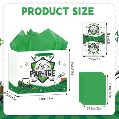 LOYUJI Large Golf Birthday Gift Bag, Green Golf Themed Gift Bag with Tissue Paper and Card, Sports Party Decorations for Men, Boys, Baby Showers, Birthday Party Favor Supplies