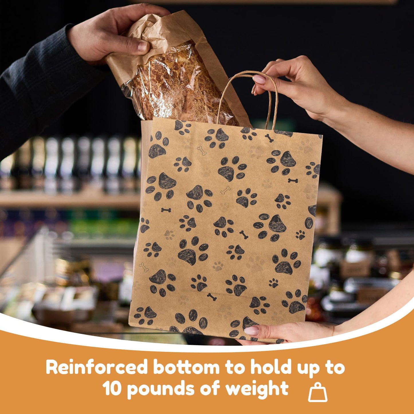 50 Pcs Large Puppy Dog Paw Print Gift Bags with Paper Handles - 10.6x8.3x4.3 Inch Kraft Dog Treat Paper Bags for Pet Treat Party Favor Birthday Gift (Brown)